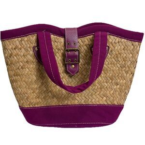 Gap L Woven Straw Raffia Tote Handbag Purse Raspberry Pink Woven Cloth Handles